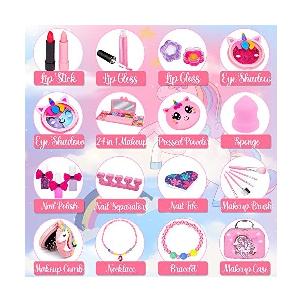 Chennyfun Maquillage Enfant Jouet Filles, 23 Pcs Lavable Malette Maquillage Jouet pour Enfant, Valise Beauté pour Enfant, Cad