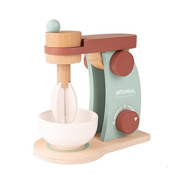 WOOMAX 49547 - Mixeur en bois pour enfants avec accessoires + 2 toasts, 1 œuf frit, 1 morceau de beurre, 1 couteau et 1 assie