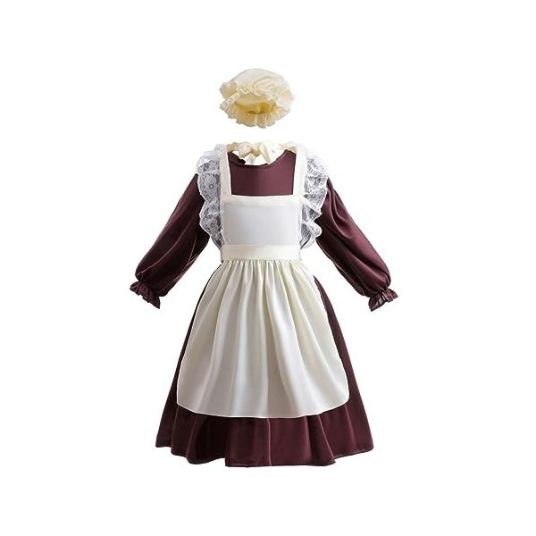 Lito Angels Deguisement Robe Costume de Village Médiéval Colonial avec Tablier et Bonnet pour Enfant Fille Taille 4-5 ans, Br