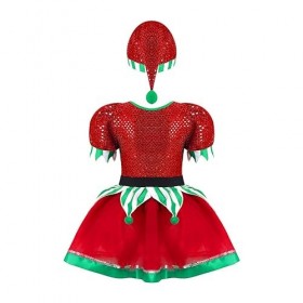 dPois Enfant Fille Lutin Robe Noël Déguisement Elfe Costume Carnaval Halloween Cosplay Elf Chapeau Lutin Tenue Jeu de Rôle Tu