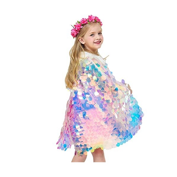 Qingzhuan Cape de sirène pour filles, cape de princesse en sequins brillants, costume pour enfants avec guirlande pour le jeu