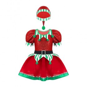 dPois Enfant Fille Lutin Robe Noël Déguisement Elfe Costume Carnaval Halloween Cosplay Elf Chapeau Lutin Tenue Jeu de Rôle Tu