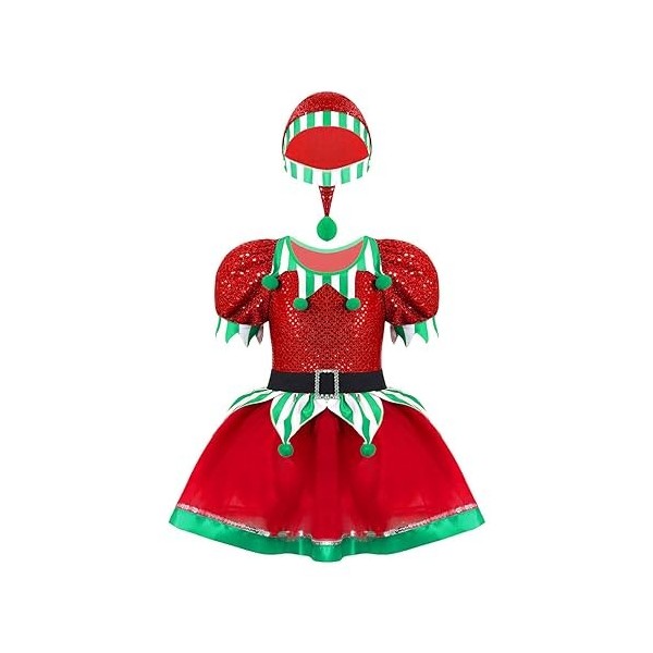 dPois Enfant Fille Lutin Robe Noël Déguisement Elfe Costume Carnaval Halloween Cosplay Elf Chapeau Lutin Tenue Jeu de Rôle Tu