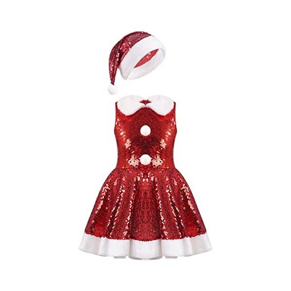 Oyolan Enfant Fille Déguisement Lutin de Noël Robe Velours/Paillette Costume Noël Tenue Cosplay Mère Noël Spectacle 3-14 Ans 