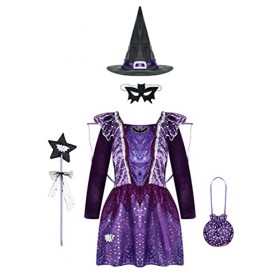 dPois Enfant Fille Déguisement Robe Sorcière Halloween Robe à Étoiles Paillettes Chapeau de Magicien Robe Soirée Cérémonie Sa