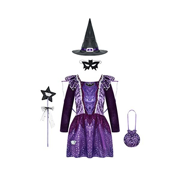 dPois Enfant Fille Déguisement Robe Sorcière Halloween Robe à Étoiles Paillettes Chapeau de Magicien Robe Soirée Cérémonie Sa