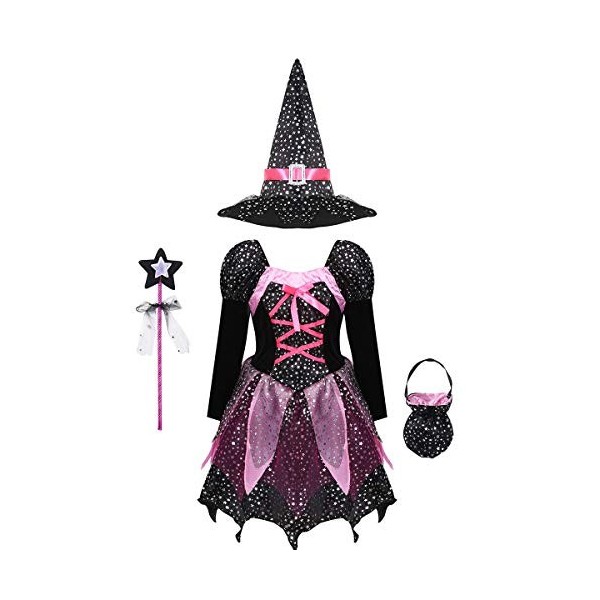 dPois Enfant Fille Déguisement Robe Sorcière Halloween Robe à Étoiles Paillettes Chapeau de Magicien Robe Soirée Cérémonie Sa