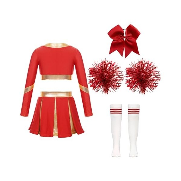 Oyolan Enfant Fille Déguisement Pompom Girl Robe Manche Longue Strass avec Pompons Cosplay Halloween Carnaval Spectacle Compé