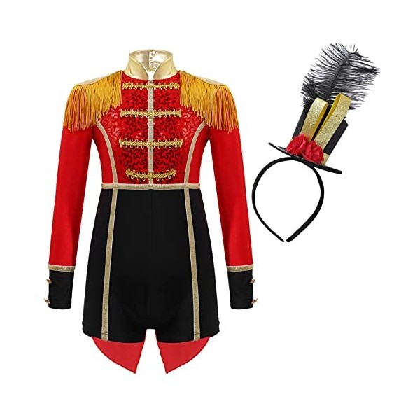 dPois Déguisement Monsieur Loyal Fille Enfant Justaucorps Gymnastique Manches Longues Costume Cirque Serre-Tête Halloween Noë