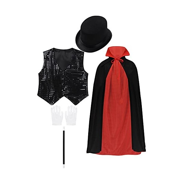 YiZYiF Déguisement Magicien Enfant Fille Garçon Unisexe Costume Carnaval Halloween Cape Chapeau Gilet Paillette Brillante Gan