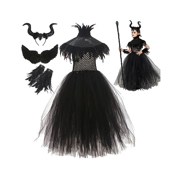 oula Costume Maléfique Enfan-t | Costume De Princesse Malefique Pour Filles | Tutu Robe Maille Pour Evil Queen Cosplay | Cosp