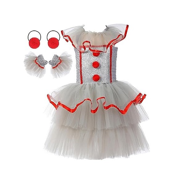 HIFONI Pennywise Costume Enfant Filles, Clown Tueur Effrayant pour Filles, Clown IT Cosplay Tenue, pour La Fête Cosplay Carna