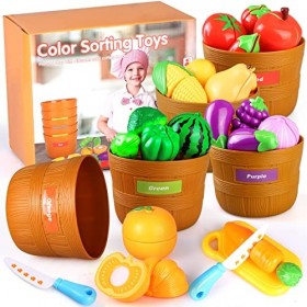 Veluoess 27 Pièces Jouet de Cuisine pour Enfants,Jouet à Découper Légumes et Fruits avec 5 Boisseaux et Accessoires de Alimen