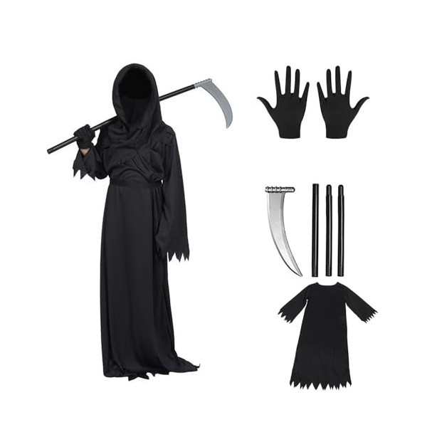 NEWUPZSI Costume de Faucheur Unisexe pour Enfants,Grim Reaper Costume pour jeu de rôle,Ensemble de costumes de faucheuse dHa