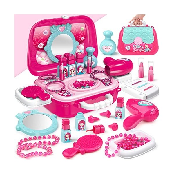 Dreamon Coffrets de Bijoux et Cosmétiques pour Enfants Filles Mallette Coiffure Jouet Cadeau pour Princesse,Rosa