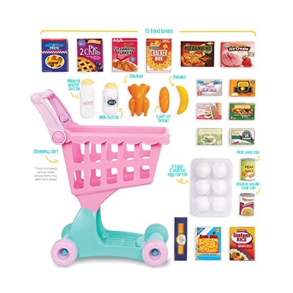 Play Circle Chariot Rose – Jouet Caddy de Courses avec Aliments pour Jeu de Role – Accessoires de Cuisine pour Enfants de 3 A