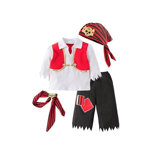 Aiihoo Ensembles de Vêtements Pirate Bébé Garçons Costume 4 Pièces Pirate Tops Pantalon Ceinture Tête de Mort Bandeau Caraïbe