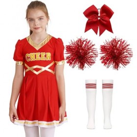 YiZYiF Enfant Fille Déguisement Pom-pom Girl Cheerleaders Cosplay Costume Carnaval Halloween Noël Robe Ecole avec Pompoms Ten