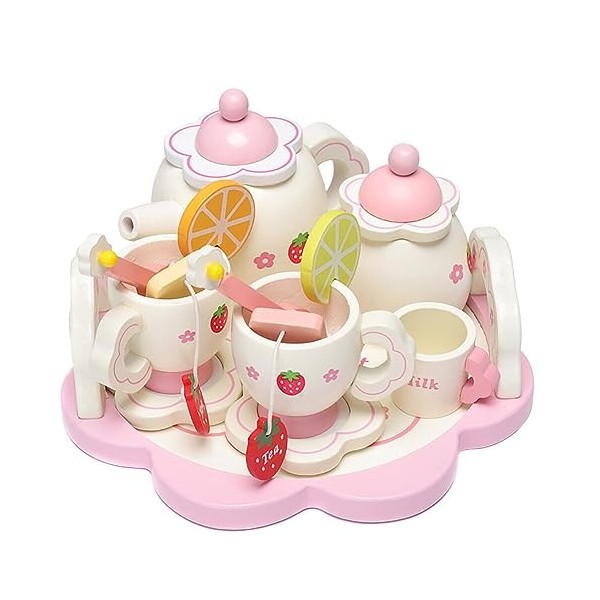 Service à Thé pour Enfants, Tea Party Jeux de Rôle Jouet en Bois Enfant, Dînette Enfant Accessoire Jeux de Cuisine, Cadeaux p