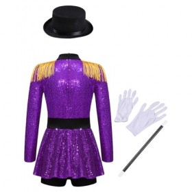 dPois Déguisement Monsieur Loyal Fille Enfant Justaucorps Gymnastique Manches Longues Costume Cirque Serre-Tête Halloween Noë