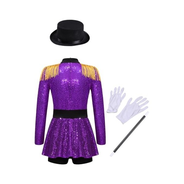 dPois Déguisement Monsieur Loyal Fille Enfant Justaucorps Gymnastique Manches Longues Costume Cirque Serre-Tête Halloween Noë