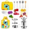 Esriptoyz Accessoire Cuisine Enfant en Bois, Jouet en Bois Fruits Ustensiles de Cuisine avec Acier Inoxydable Casseroles et P