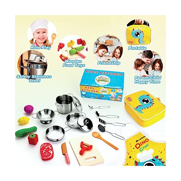 Esriptoyz Accessoire Cuisine Enfant en Bois, Jouet en Bois Fruits Ustensiles de Cuisine avec Acier Inoxydable Casseroles et P