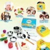 Esriptoyz Accessoire Cuisine Enfant en Bois, Jouet en Bois Fruits Ustensiles de Cuisine avec Acier Inoxydable Casseroles et P