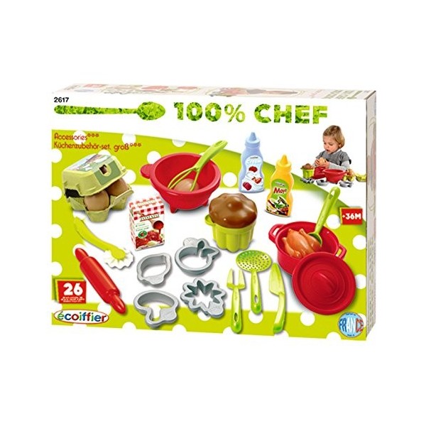 Jouets Ecoiffier – 2617 - Coffret Cuisine pour enfants 100 % Chef 3 étoiles – Aliments et ustensiles de cuisine - 26 pièces –