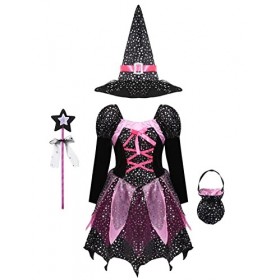 Alvivi Enfant Fille Déguisement Sorcière Costume Cosplay Halloween Carnaval Fête Princesse Robe + Chepeau +Baguette + Sac De 