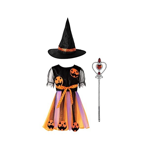 Alvivi Enfant Fille Déguisement Sorcière Costume Cosplay Halloween Carnaval Fête Princesse Robe + Chepeau +Baguette + Sac De 