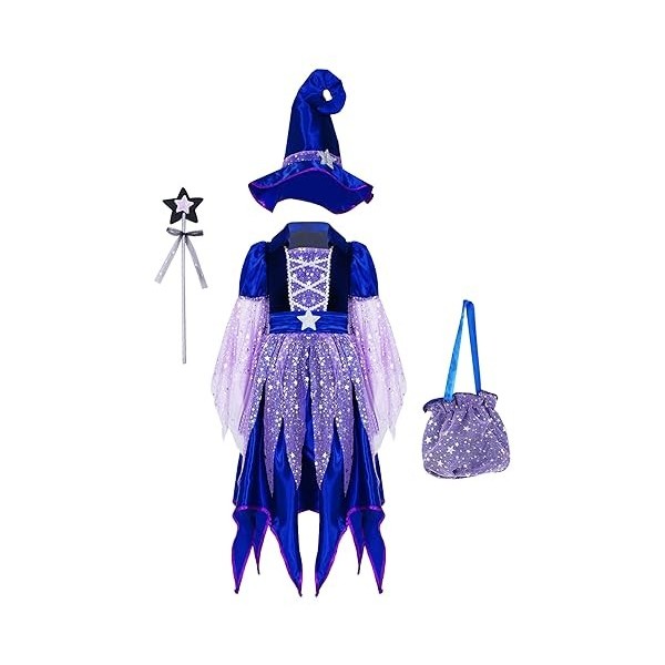 Alvivi Enfant Fille Déguisement Sorcière Costume Cosplay Halloween Carnaval Fête Princesse Robe + Chepeau +Baguette + Sac De 