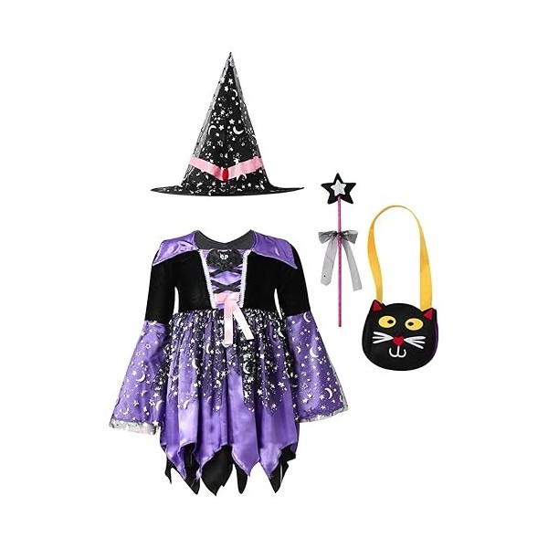 dPois Enfant Fille Déguisement Robe Sorcière Halloween Robe à Étoiles Paillettes Chapeau de Magicien Robe Soirée Cérémonie Sa