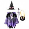 dPois Enfant Fille Déguisement Robe Sorcière Halloween Robe à Étoiles Paillettes Chapeau de Magicien Robe Soirée Cérémonie Sa