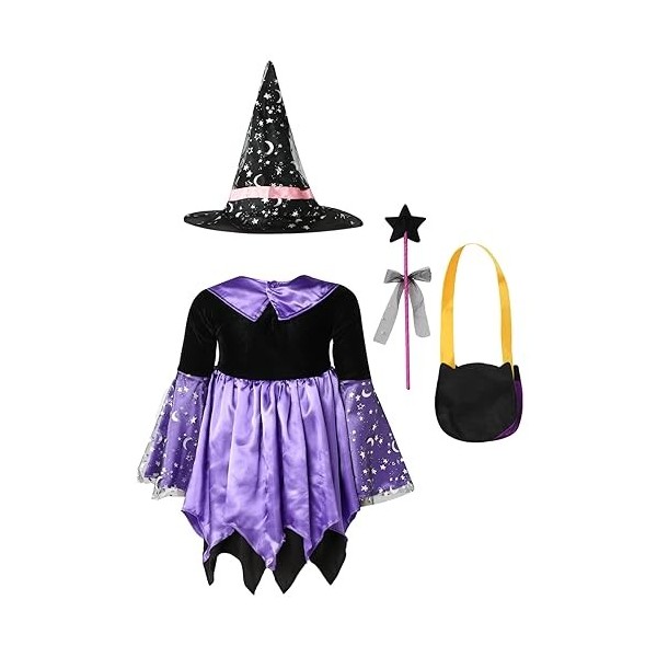 dPois Enfant Fille Déguisement Robe Sorcière Halloween Robe à Étoiles Paillettes Chapeau de Magicien Robe Soirée Cérémonie Sa