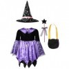 dPois Enfant Fille Déguisement Robe Sorcière Halloween Robe à Étoiles Paillettes Chapeau de Magicien Robe Soirée Cérémonie Sa