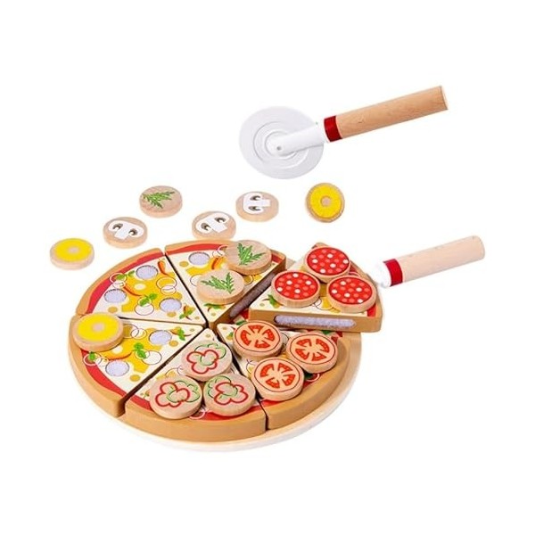 Miaelle Jeu de jouets à pizza en bois - Jeu de rôle - Jeu de pizza - Jouet à découper - Roulettes à pizza - Jeu de cuisine