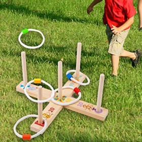 perfk 1 Set Bois Virole Jeu Puzzle Jouet Anneau Lancer Montessori Portable Cadeau Interactif Durable pour Les Activités de Co