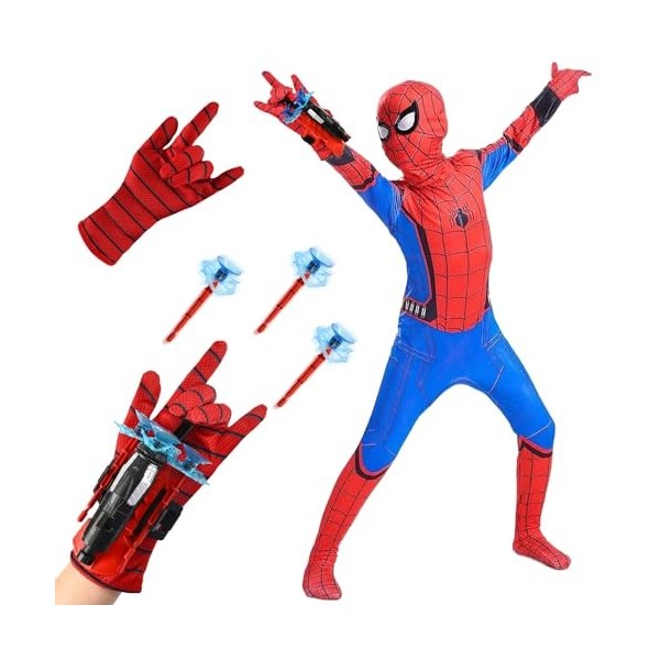 Déguisement Spider Enfants avec Gant de Lanceur, Lanceur de Héros, Deguisement Halloween Enfant Costume de Cosplay, Jouets de