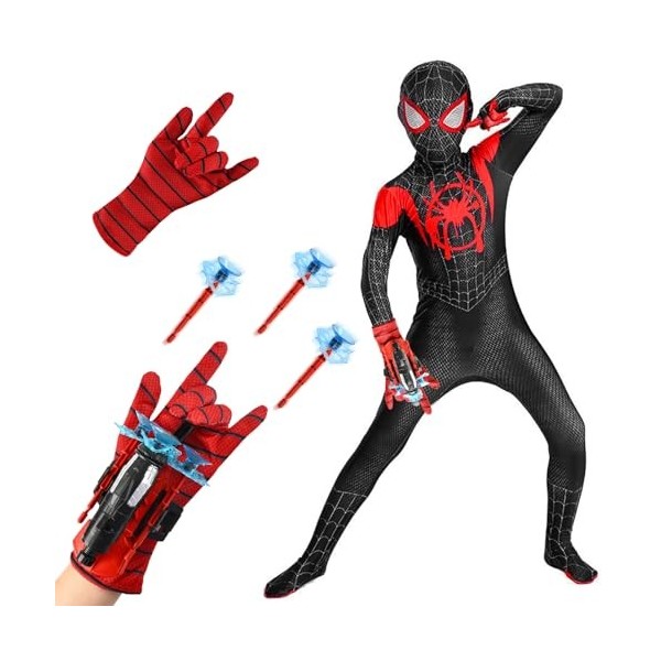 Déguisement Spider Enfants avec Gant de Lanceur, Lanceur de Héros, Deguisement Halloween Enfant Costume de Cosplay, Jouets de