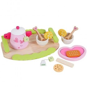 Service à Thé en Bois Enfant, Jouet de Dessert en Bois avec Plateau à Thé, Enfant Jeux Dimitation, Dînette Enfant Jouet de C