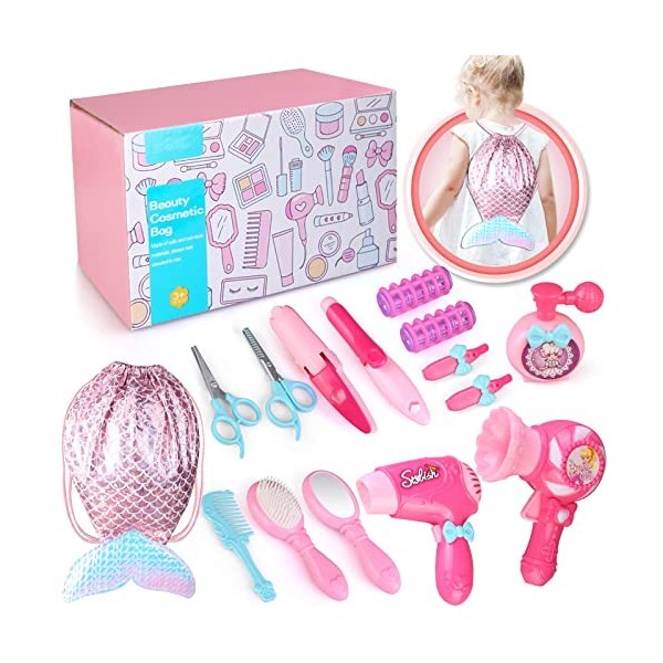 Veluoess Enfant Coiffure Jouet, Coiffure Jouet avec Sèche-Cheveux Pretend Princesse Coiffure Enfants Maquillage Playset Cadea