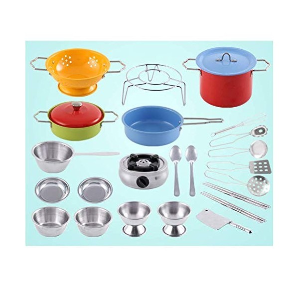 Backbayia 25pcs Ensemble de Jeu DImitation en Acier Inoxydable Casserole Pot Enfant Jouets de Cuisine