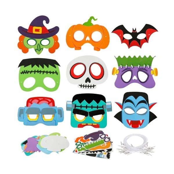 Landifor Lot de 9 masques dHalloween en EVA pour enfants à faire soi-même - Masque dHalloween avec fantôme, citrouille, sor