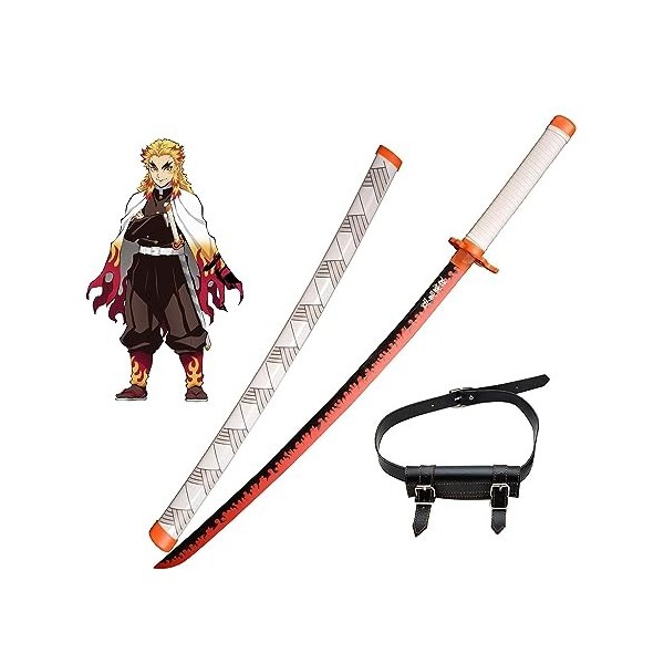 RYPDKM Demon Slayer Epee 75cm/104cm Bambou Sabre-Rengoku Kyoujurou, Japonais Anime Katana en Bois, Cosplay Halloween Accessoi