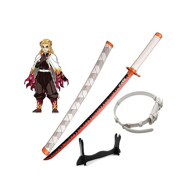 RYPDKM Demon Slayer Epee 75cm/104cm Bambou Sabre-Rengoku Kyoujurou, Japonais Anime Katana en Bois, Cosplay Halloween Accessoi