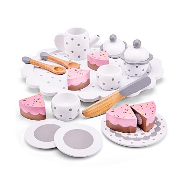 New Classic Toys Plateau de Café/Thé Ensemble avec Gâteau à Découper Jeu d’Imitation Éducative pour Enfants, 10620, Pink, Cof