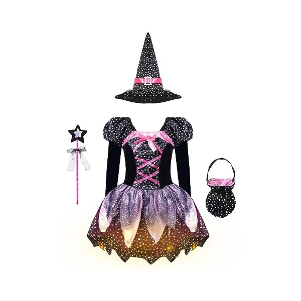 dPois Enfant Fille Déguisement Robe Sorcière Halloween Robe à Étoiles Paillettes Chapeau de Magicien Robe Soirée Cérémonie Sa