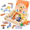 Boîte à Outils, Caisse a Outil Enfant, Jouets Montessori Portables avec boîtes de Rangement et Engrenages Jouets en Bois pour