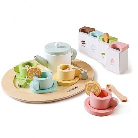 Mamimami Home Service à thé en bois - Jouet pour fête de thé - Cuisine de jeu - Accessoires - Service à thé - Cadeau pour enf